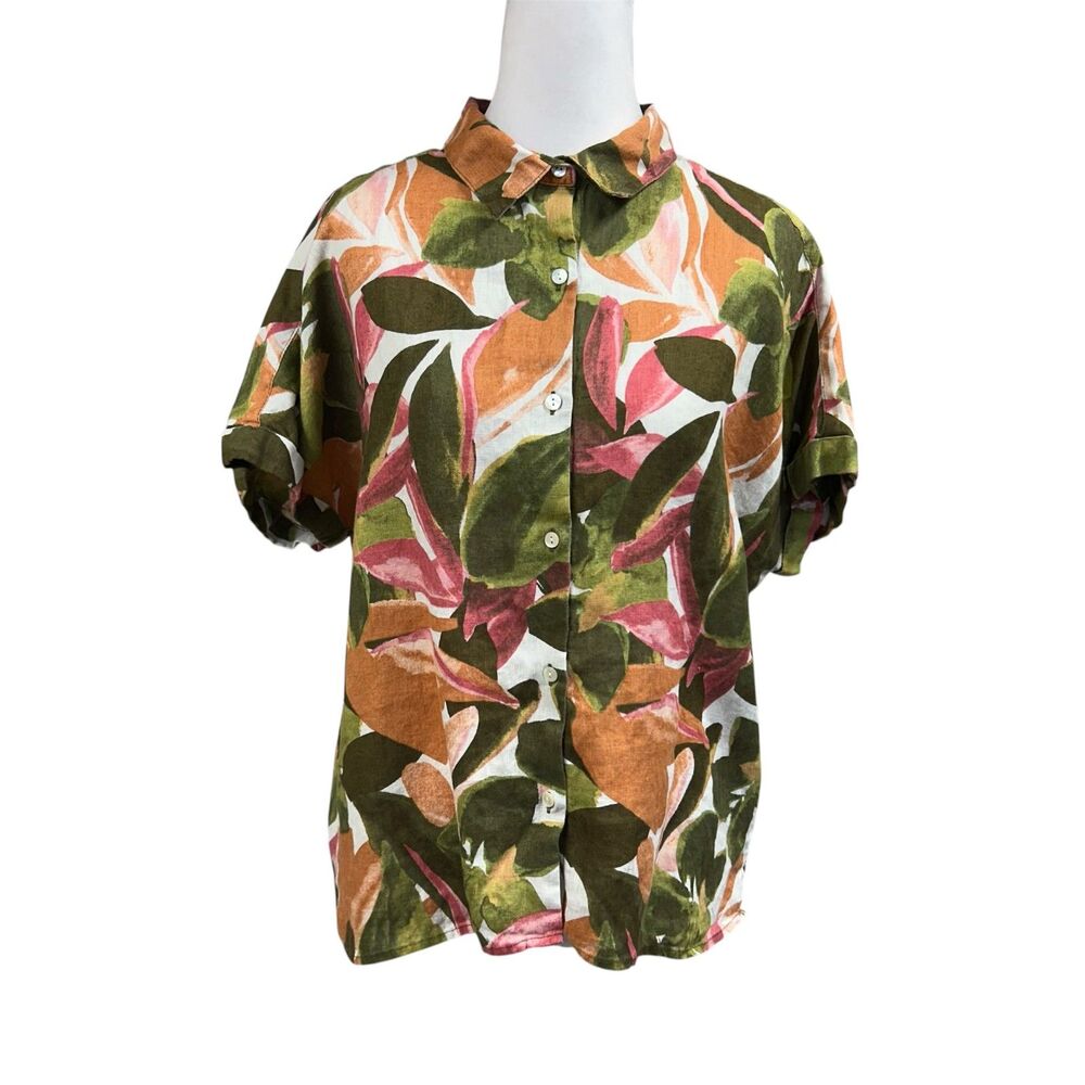 Rachel Zoe Camp Shirt Linen Tropical Vacation Granola Button Up Collared Sz L